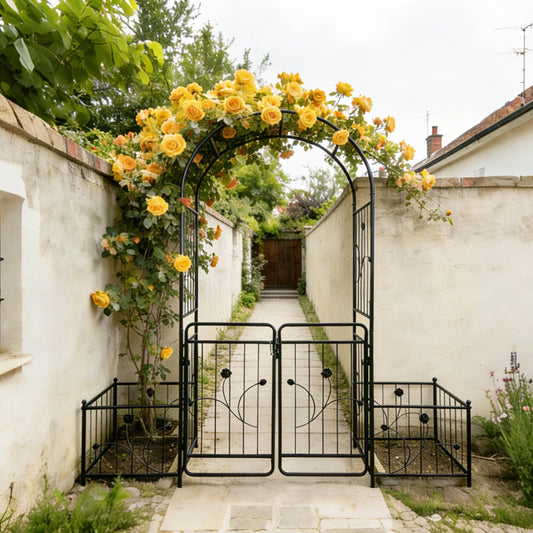 Metal Garden Arch with Gate Design and Planter Boxes for Climbing Plants