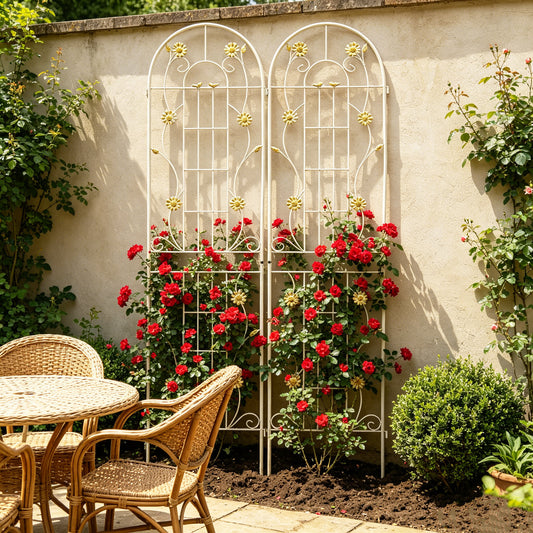 Metal Garden Trellis, with Daisy & Bird Decor for Climbing Plants