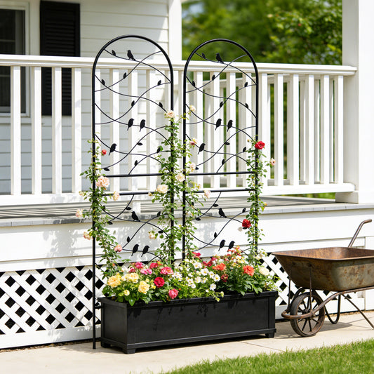 Metal Garden Trellis, 71x19.7in, with Bird & Vine,Black