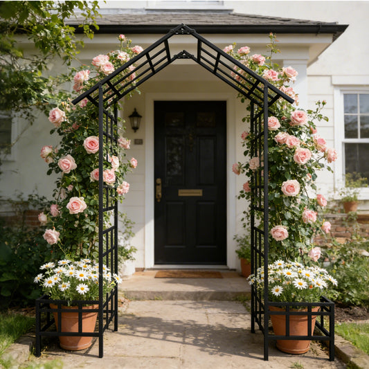Decorative metal garden arbor arch connected with side fences to form a courtyard entryway
