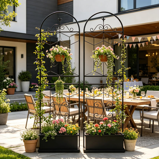 Black metal garden trellis with climbing plants and hanging flower pots on a patio