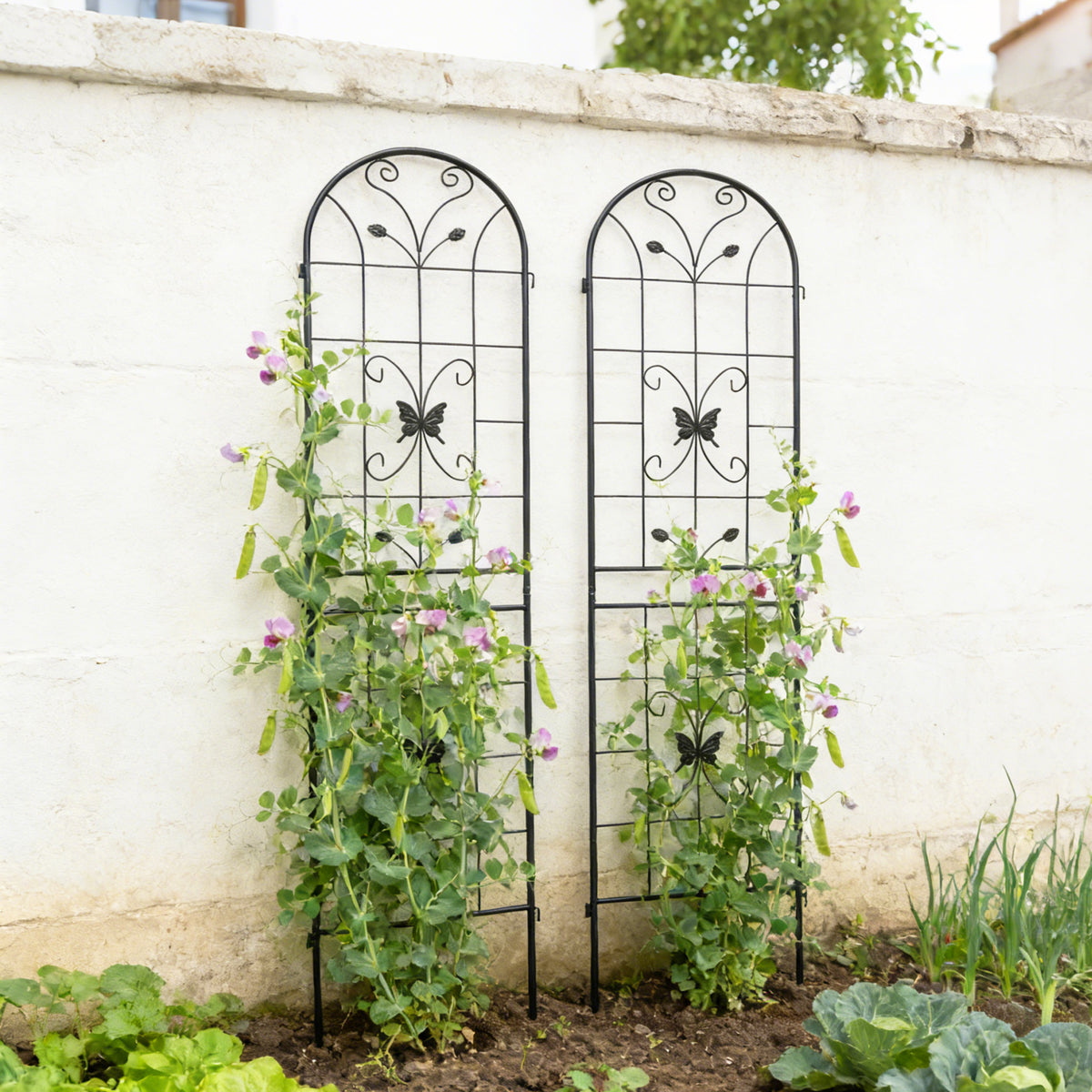 Metal Garden Trellis, 86.7x19.7in, Arched Design with Butterfly Decor for Climbing Plants