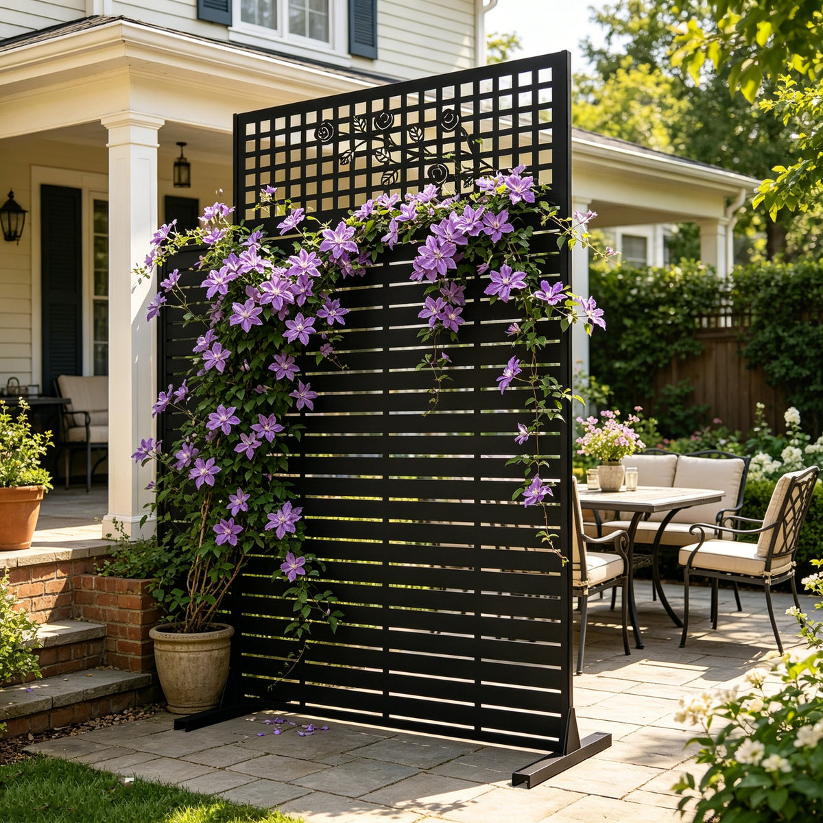 Metal Privacy Screen, Slatted Panel with Rose Decor, Classic Black