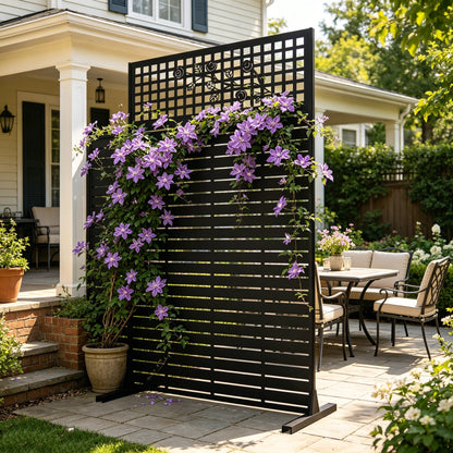 Metal Privacy Screen, Slatted Panel with Rose Decor, Classic Black
