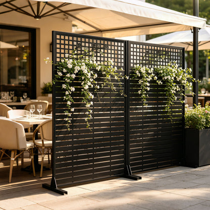 Metal Privacy Screen, Slatted Panel with Rose Decor for Patio & Garden, Standing