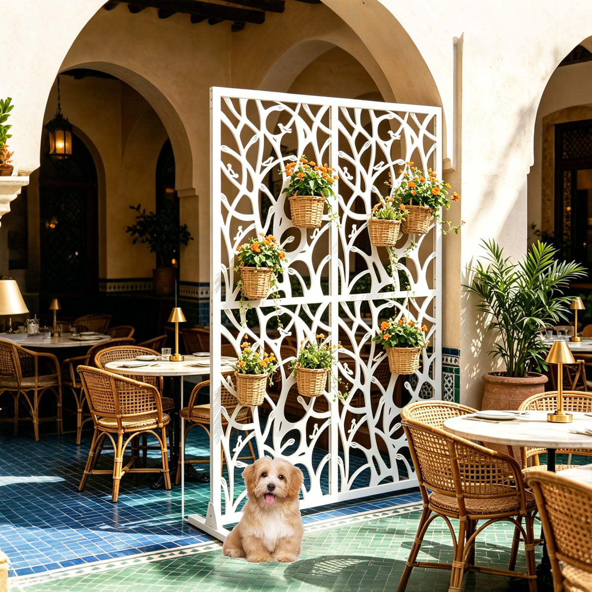 Freestanding metal privacy screen used as a decorative dining table divider in a restaurant