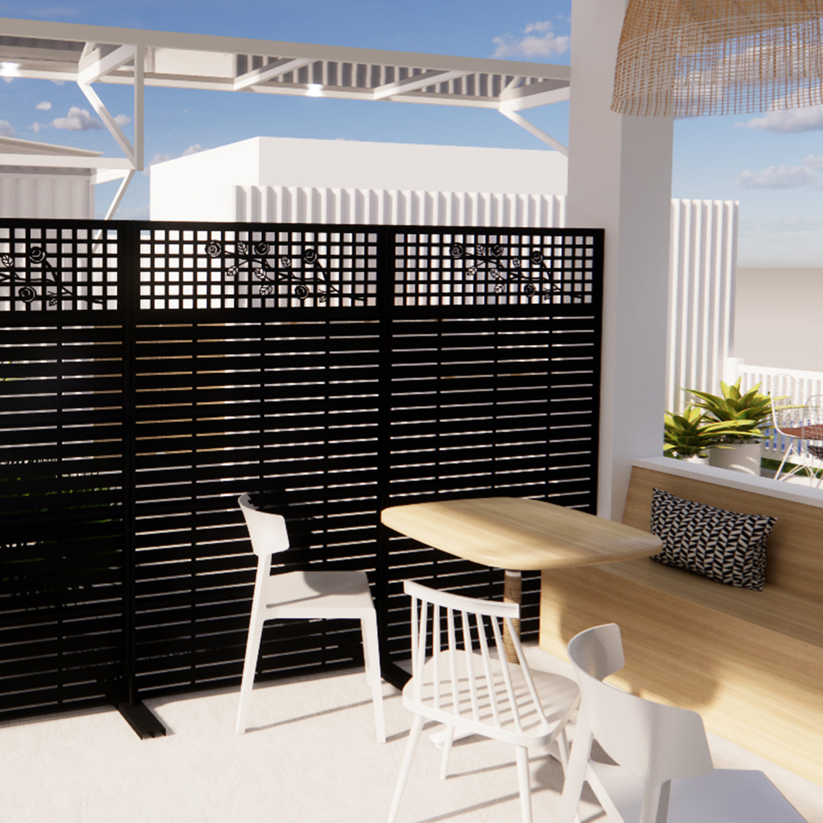 Outdoor metal privacy screen blocking view from neighboring houses on patio