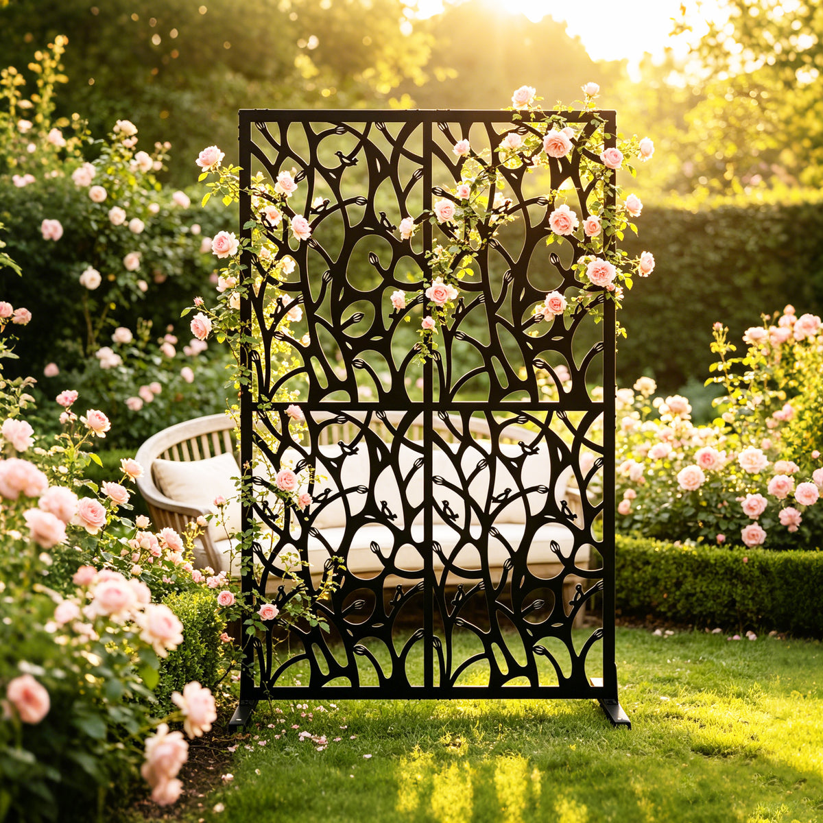 72x45.3 inch metal privacy screen set up on a green backyard lawn with flower beds.