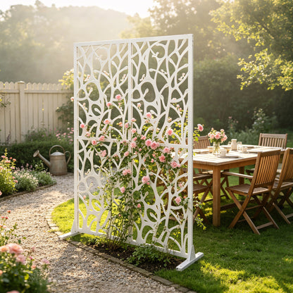 Metal Privacy Screen, Tree & Bird Cutout Design, Elegant white