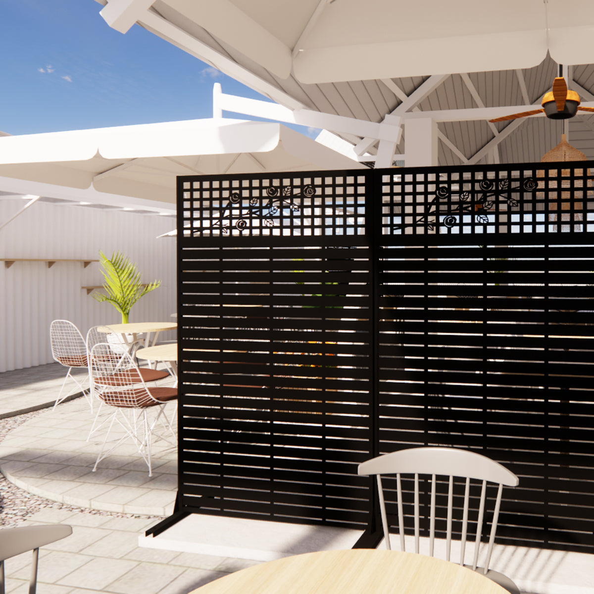 Black metal privacy screen separating living room and dining area in an open concept home