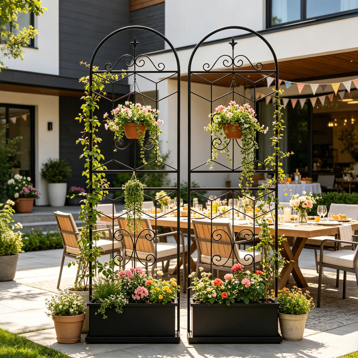 Metal garden trellis with elegant design for climbing plants