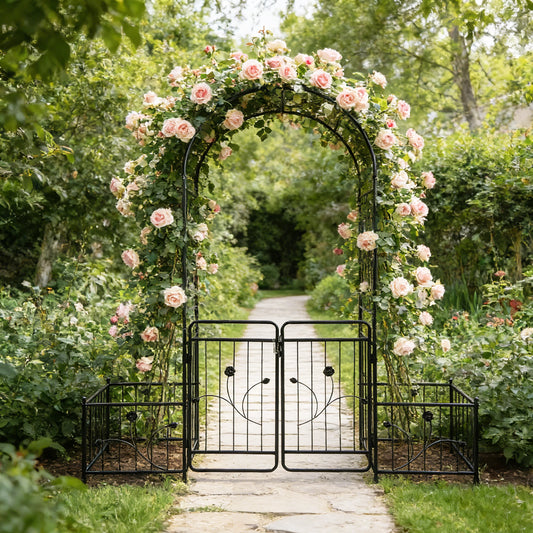 Metal Garden Arch, 86.6x79.5in, Round-Top Design with Gate and Planter Boxes for Climbing Plants
