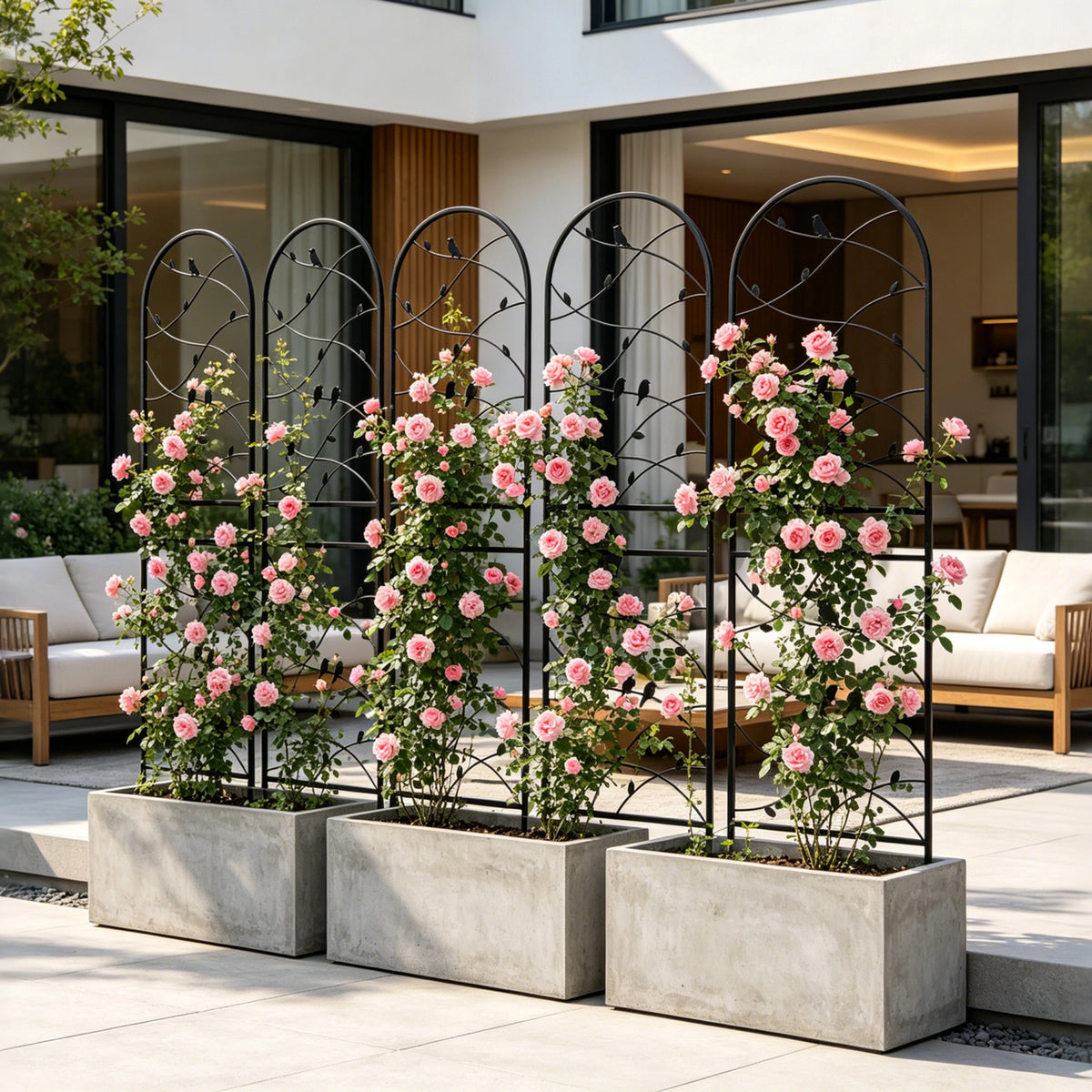 Black metal garden trellis positioned beside outdoor patio lounge furniture for cozy ambiance
