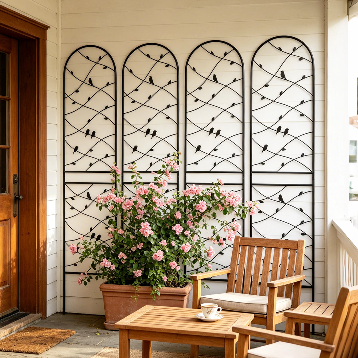 Black metal garden trellis positioned beside outdoor patio lounge furniture for cozy ambiance
