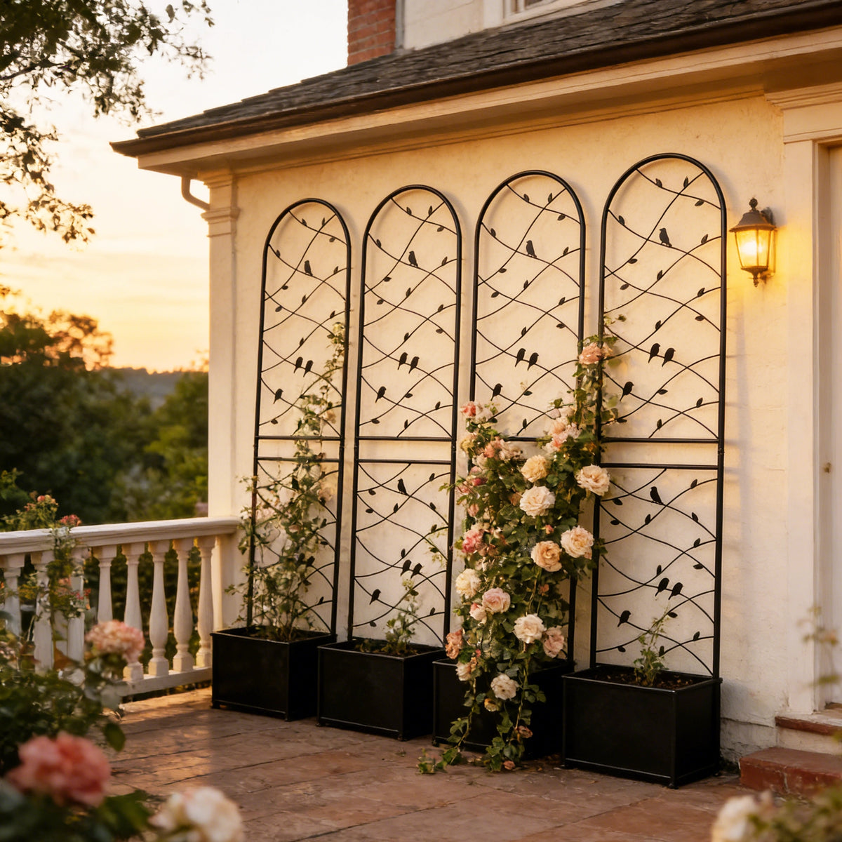Metal Garden Trellis, 4-pack, Arched Design with Bird & Vine Decor