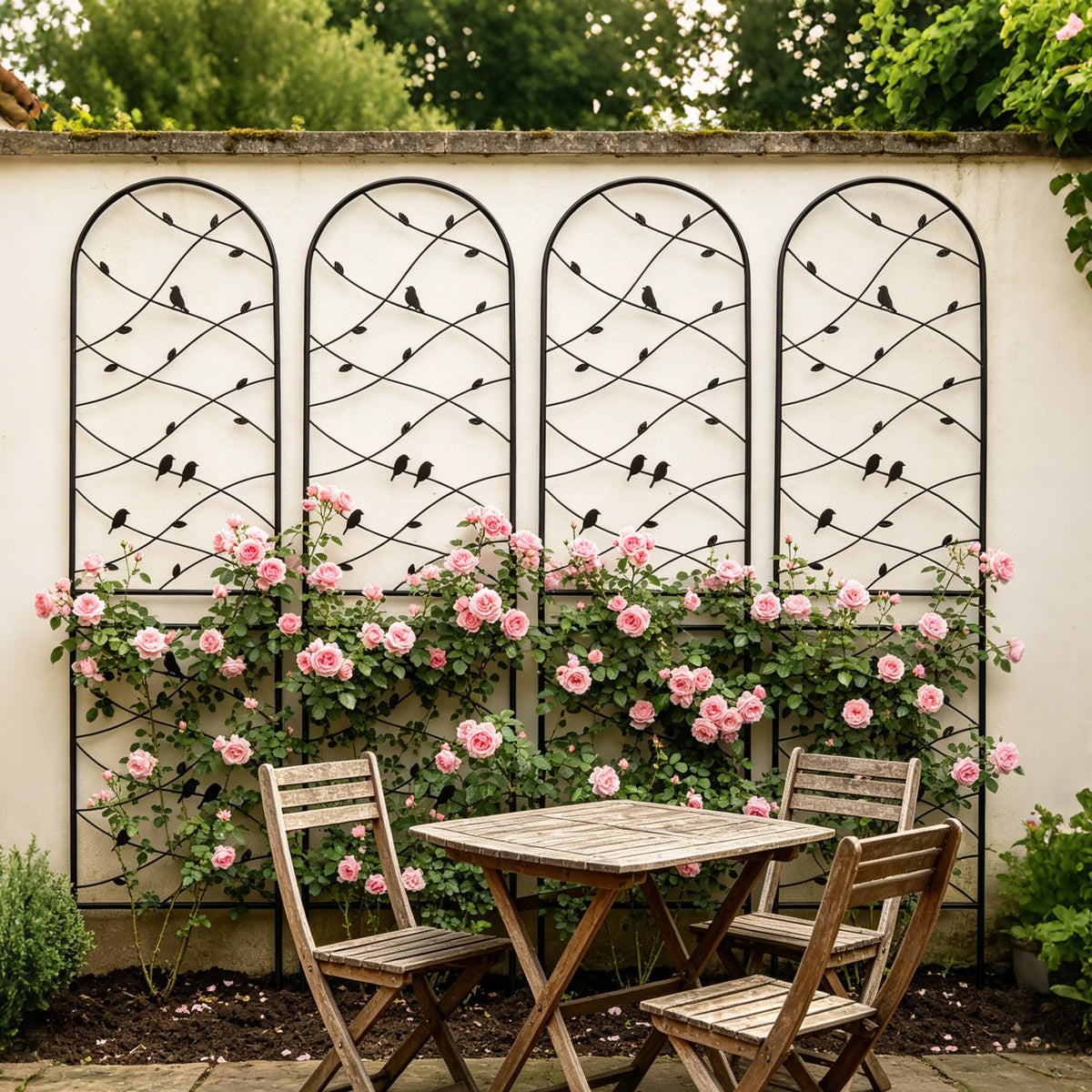 Metal Garden Trellis, 86.7x19.7in, Arched Design with Bird & Vine Decor for Climbing Plants