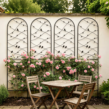 Metal Garden Trellis, 86.7x19.7in, Arched Design with Bird & Vine Decor for Climbing Plants