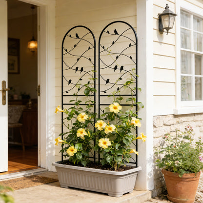 Metal Garden Trellis, with Bird & Vine Decor for Climbing Plants