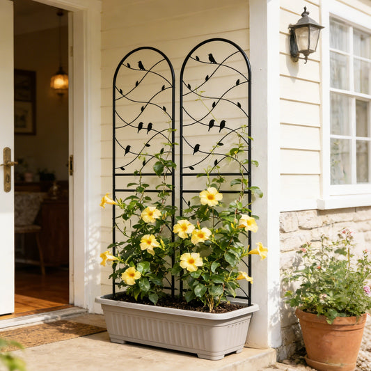 Metal Garden Trellis, with Bird & Vine Decor for Climbing Plants