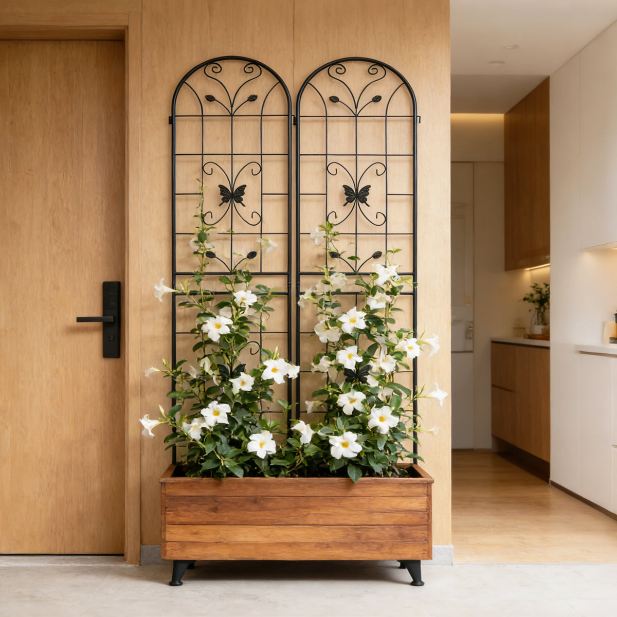 Metal trellis installed inside a wooden raised garden bed for climbing herbs