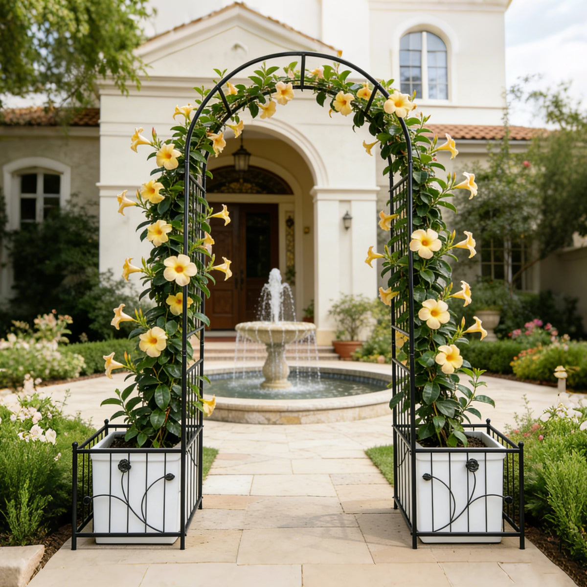 Rustproof metal garden arch installed over a stone walkway as an elegant yard entrance