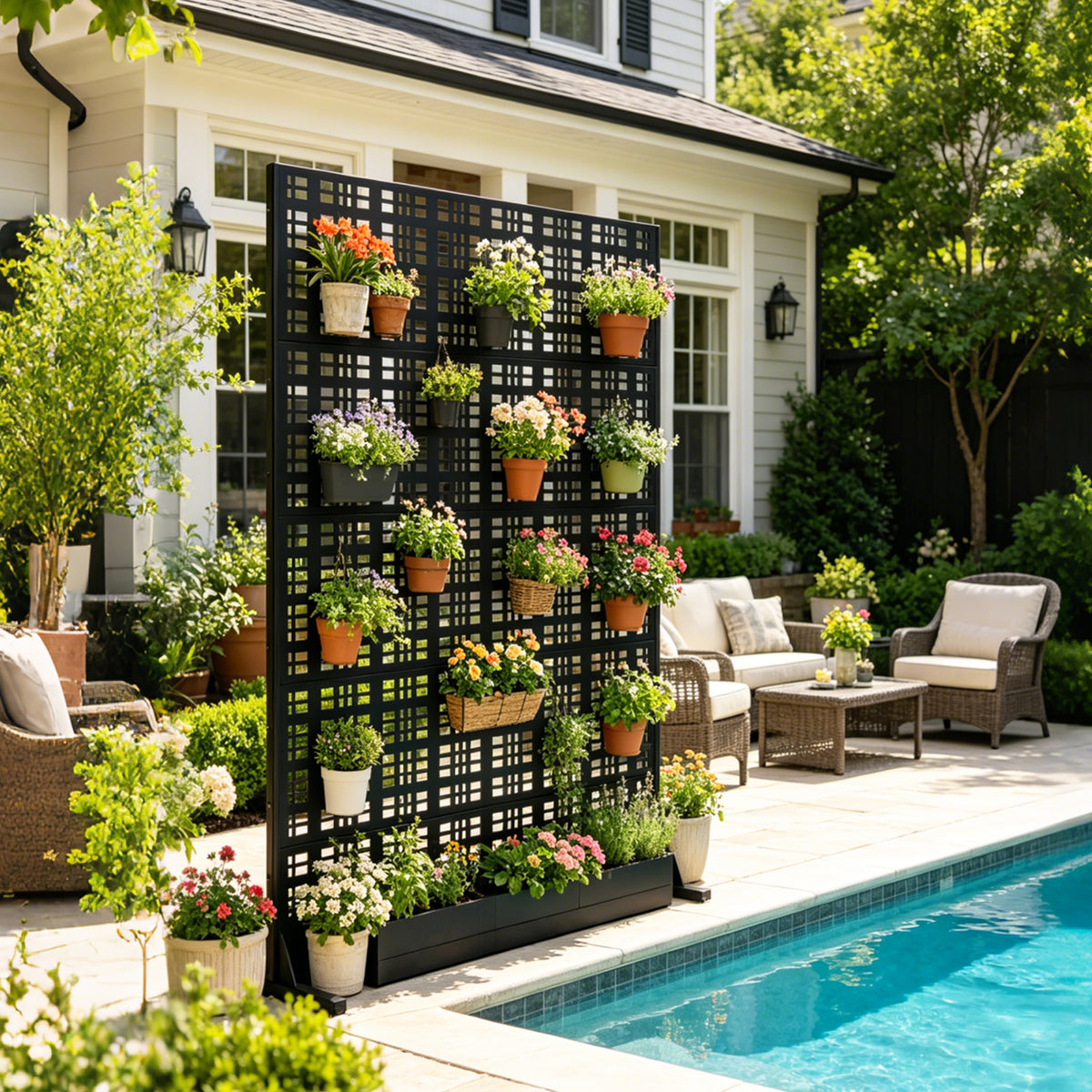 Weather-resistant metal privacy screen used as a poolside lounge fence divider