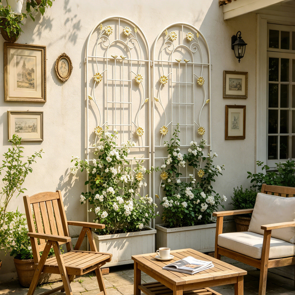 Metal Garden Trellis with Daisy & Bird Decorations, Elegant White 
