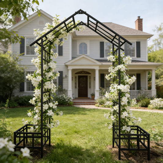  Metal Garden Arch with Planter Boxes, Adjustable, Peak or Flat-Top Design for Climbing Plants