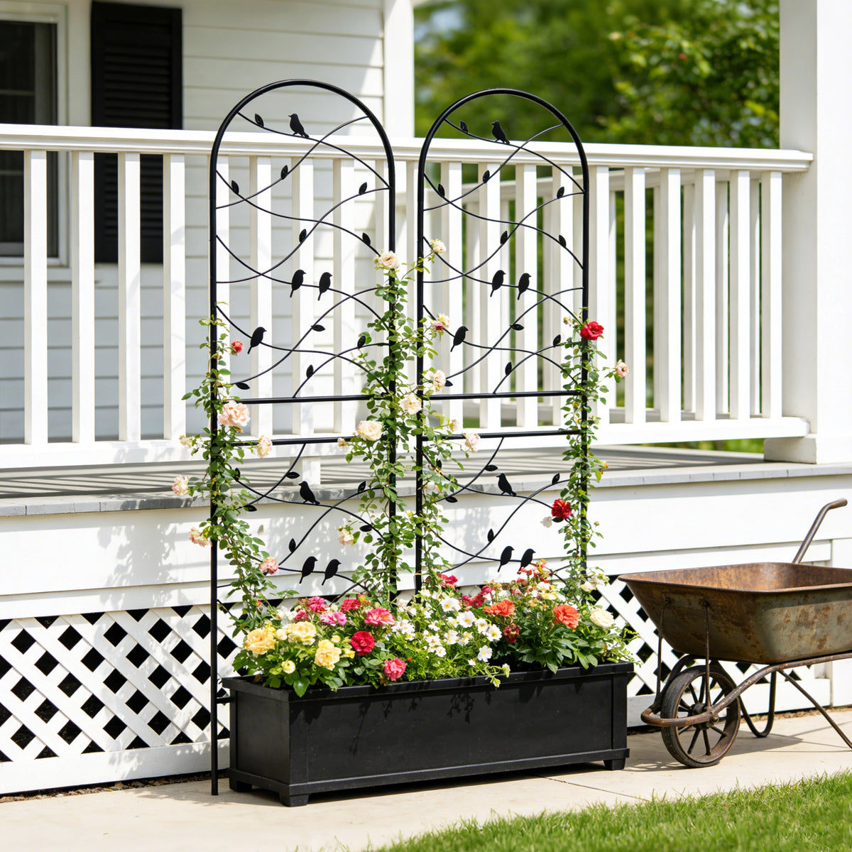 Metal Garden Trellis, 71x19.7in, with Bird & Vine,Black
