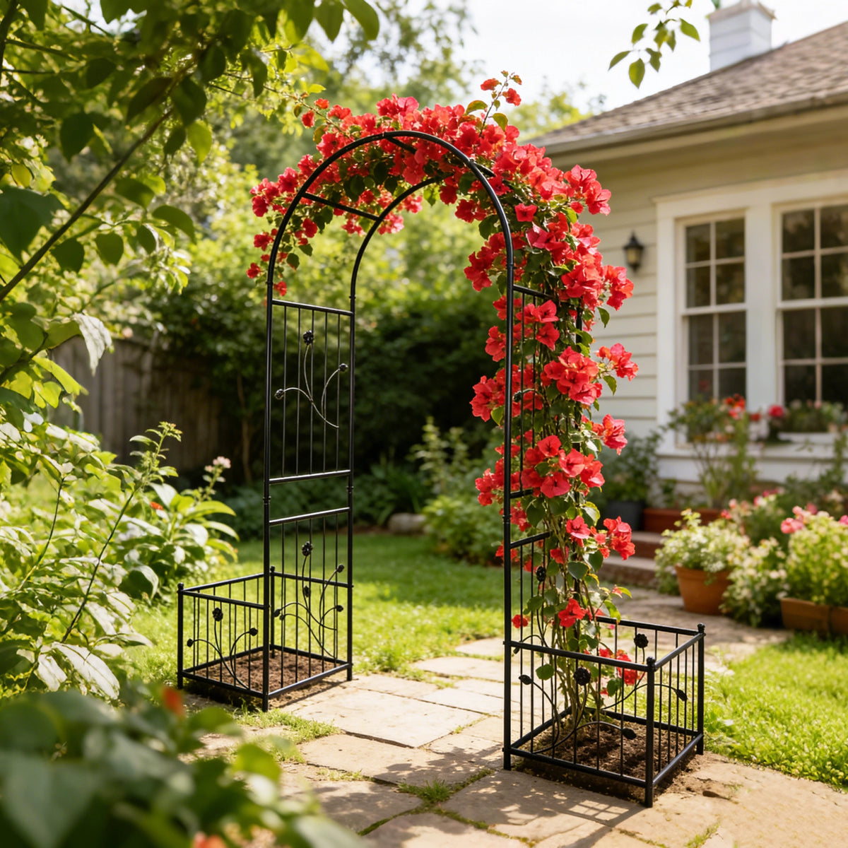 Black metal garden arch arbor installed on a lawn for backyard decor
