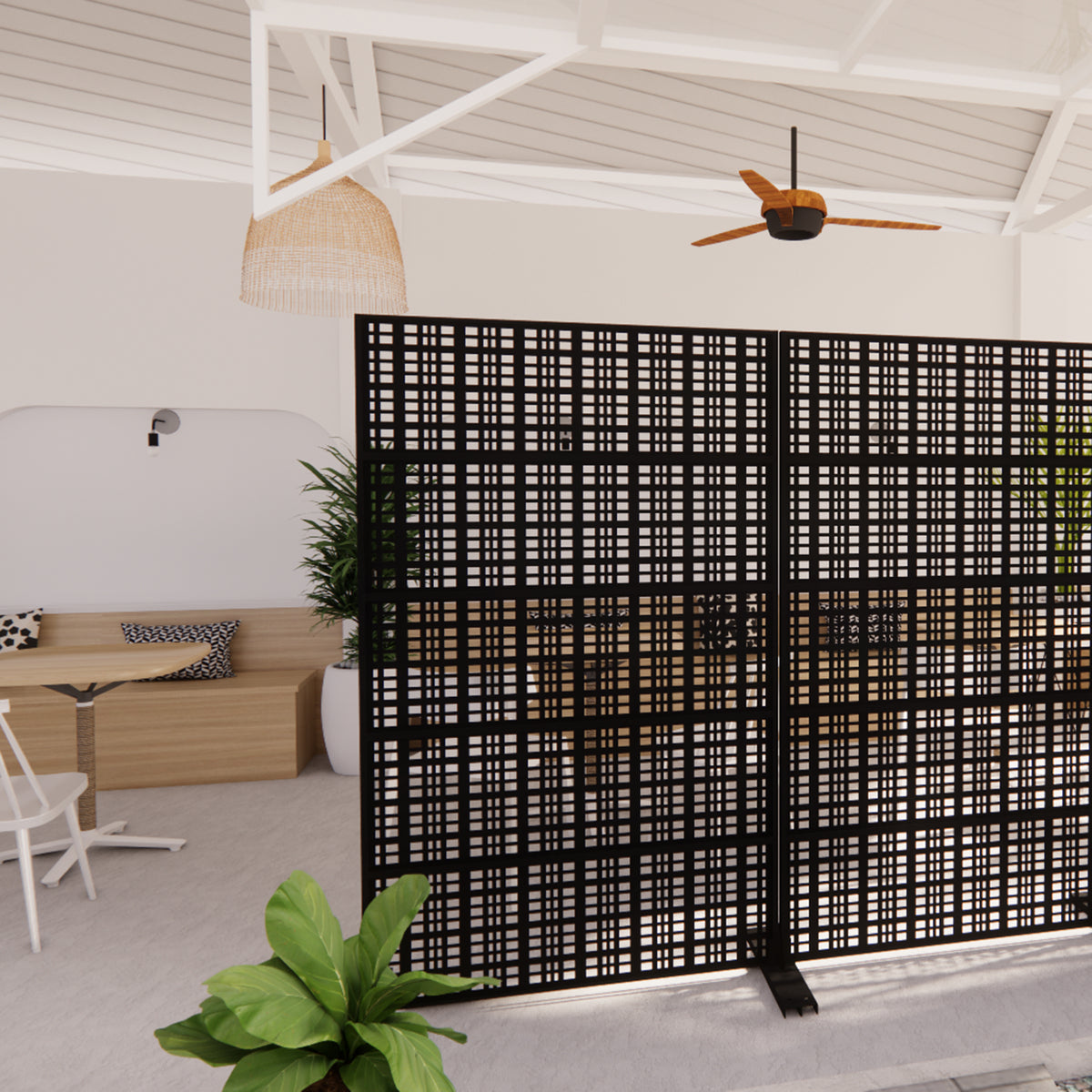 Freestanding metal privacy screen used as a decorative room divider in a modern living room