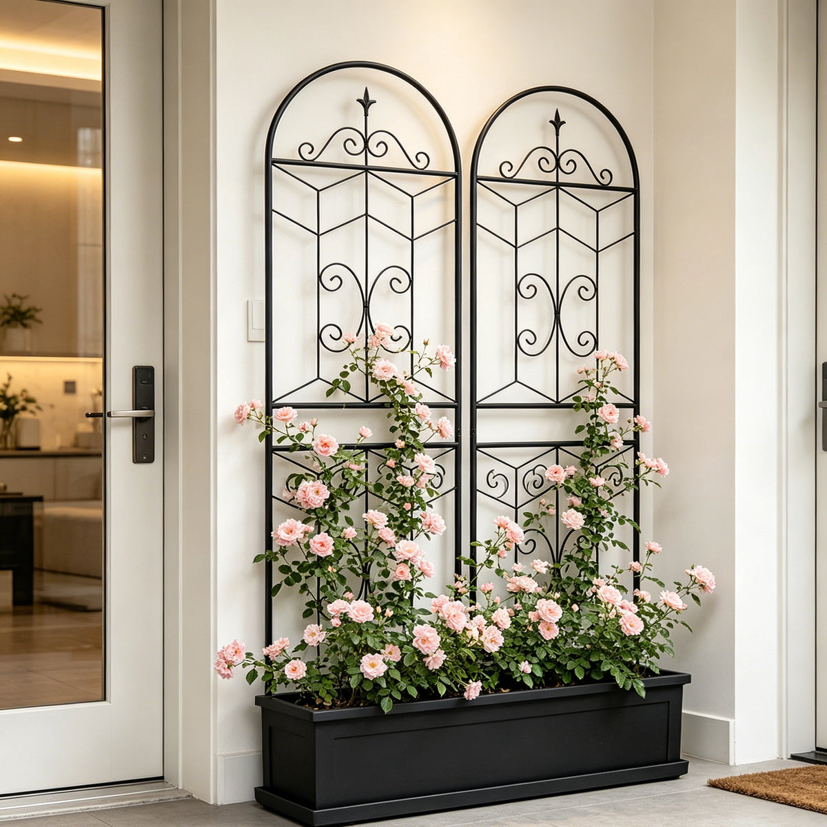 Metal Garden Trellis, Arched Design with Scroll & Fleur-de-lis Decor