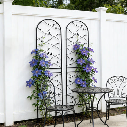 Black metal garden trellis placed next to the outdoor table and chairs creates an elegant and chic atmosphere.