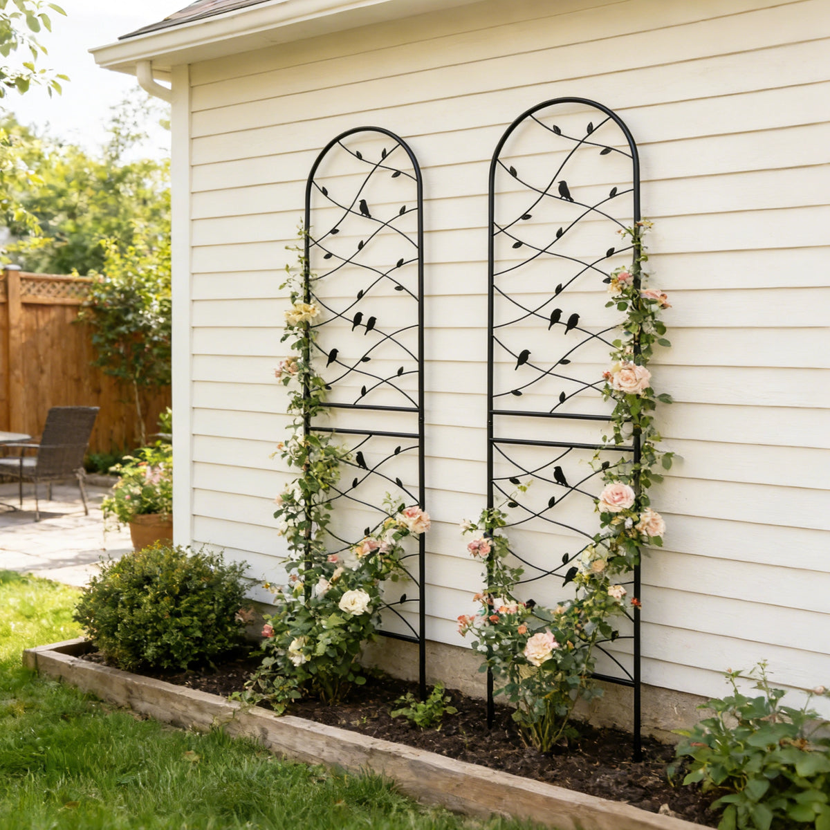 Metal Garden Trellis, 86.7x19.7in, with Bird & Vine Decor for Climbing Plants