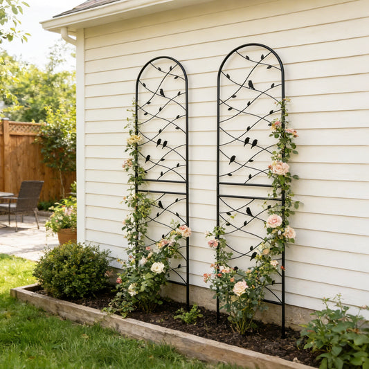 Metal Garden Trellis, 86.7x19.7in, with Bird & Vine Decor for Climbing Plants