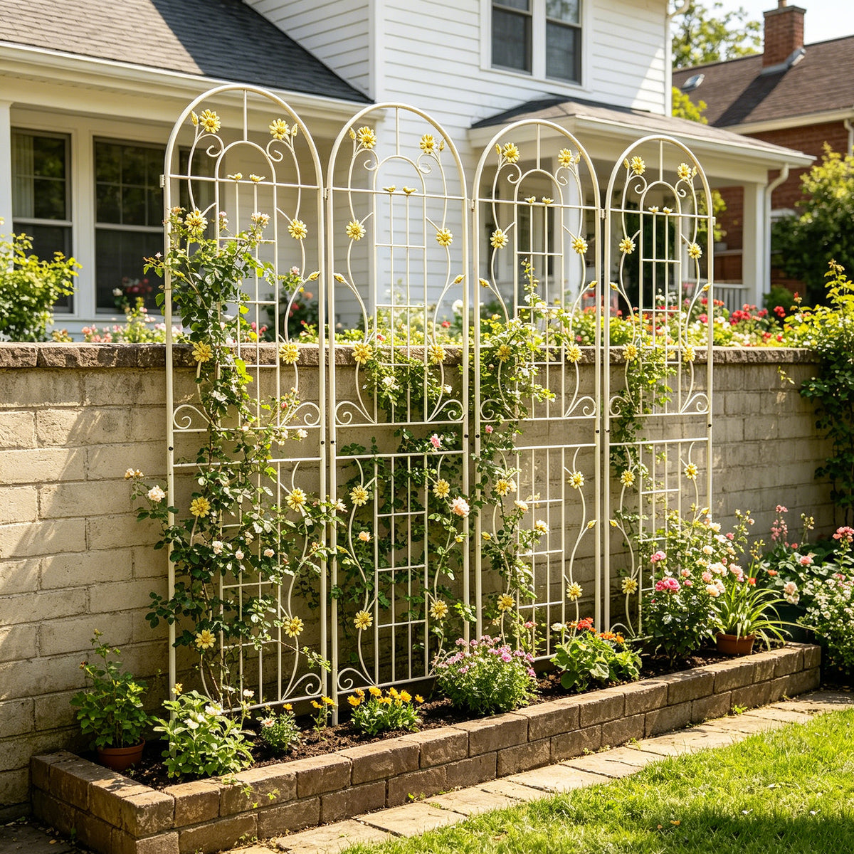Metal Garden Trellis, white with Daisy & Bird Decor