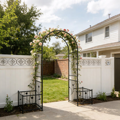 Metal Garden Arch, 86.6x79.5in, Round-Top Design with Planter Boxes for Climbing Plants