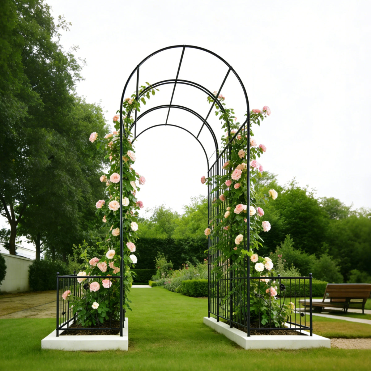 Metal Garden Arch, Round-Top Design with Planter Boxes for Climbing Plants
