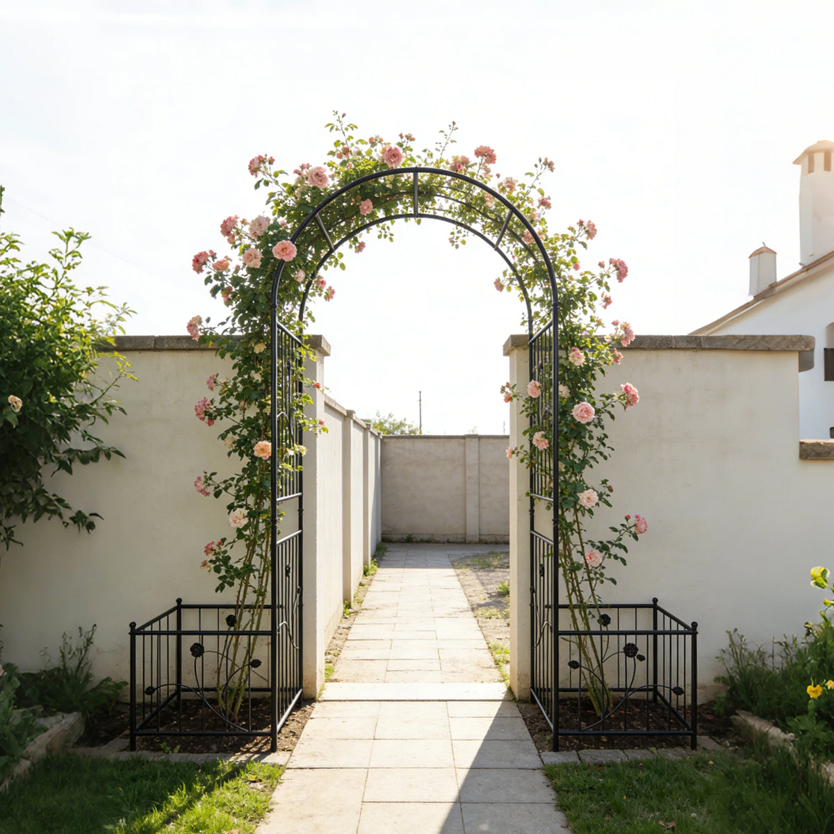 Metal Garden Arch with Built-in Planter Boxes for Roses and Vines